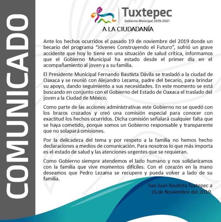 Comunicado sobre accidente de becario en Tuxtepec, Oaxaca.
