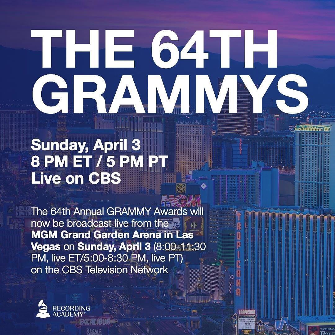 Cartel con la nueva fecha y horario de los premios Grammy 2022