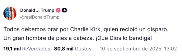 Donald Trump pide orar por Charlie Kirk tras atentado