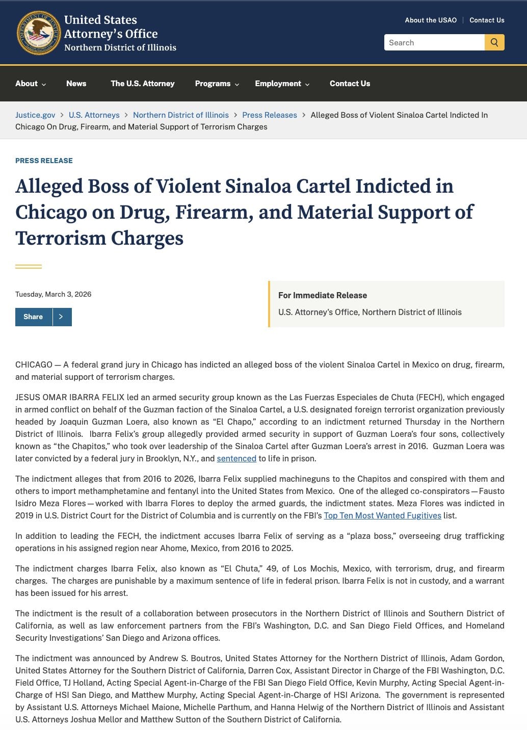 Estados Unidos acusa a Jesús Omar Ibarra Félix por vínculos con el Cártel de Sinaloa
