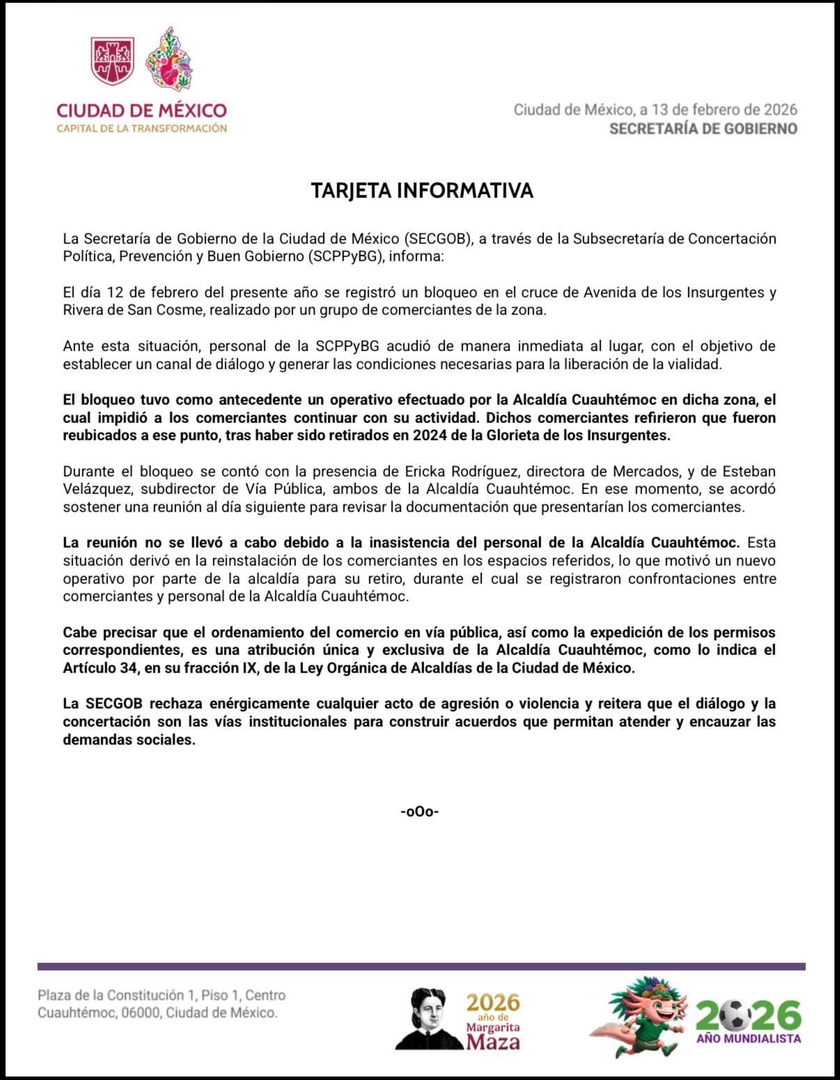 Gobierno de la CDMX reconoce falta de diálogo entre Cuauhtémoc y comerciantes de San Cosme