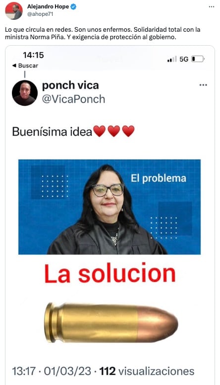 Alejandro Hope comparte el tuit contra Norma Piña