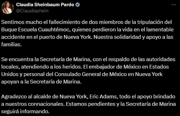 Claudia Sheinbaum manda mensaje por tragedia de buque mexicano en el Puente de Brooklyn