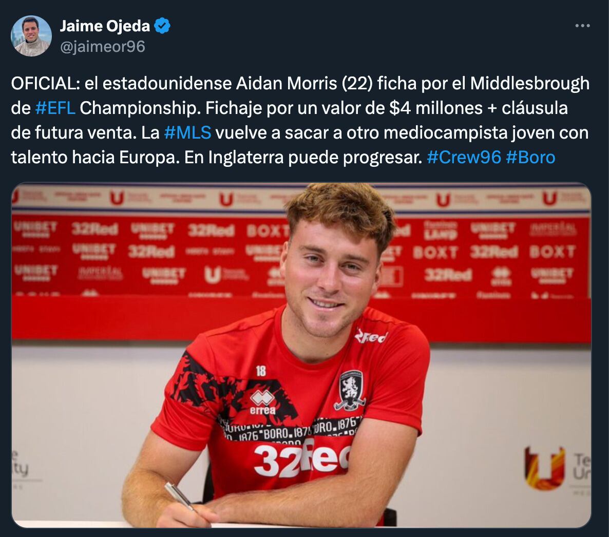 Aidan Morris llega al Middlesbrough por 4 millones