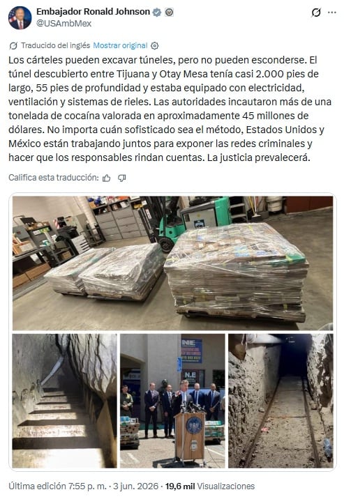 Ronald Johnson lanza advertencia a cárteles tras localizar túnel en Tijuana