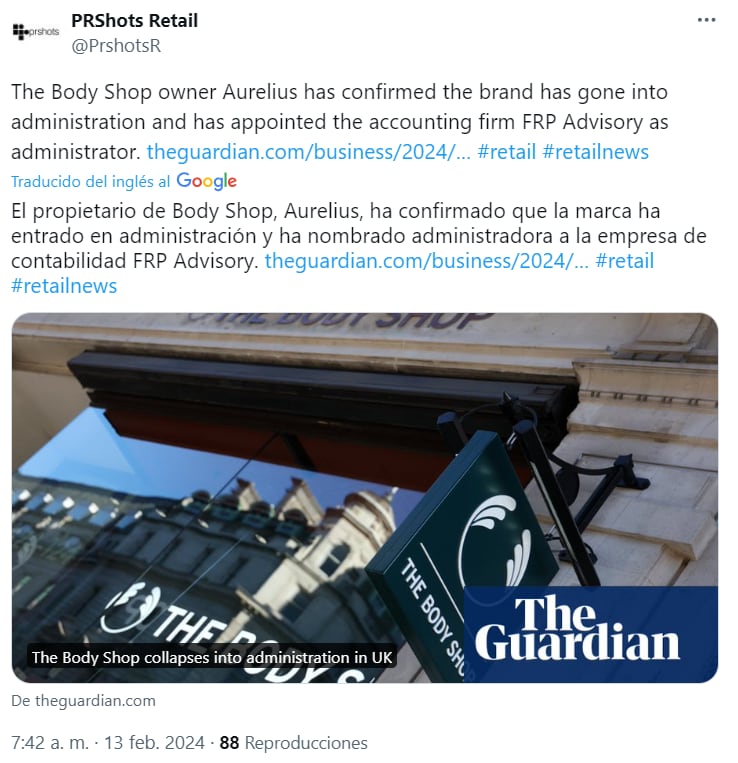 The Body Shop estará bajo administración de FRP Advisory para su reestructuración tras su quiebra en Reino Unido