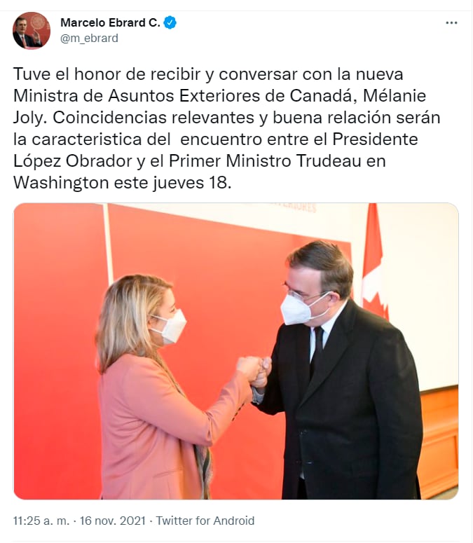 Tuit de Marcelo Ebrard después de su encuentro con la ministra de Asuntos Exteriores de Canadá, Mélanie Joly/ @m_ebrard