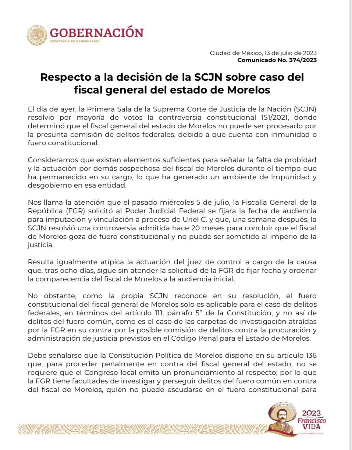 Secretaria de Gobernación se pronuncia  sobre caso Uriel Carmona