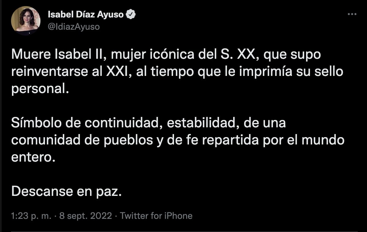 Isabel Díaz Ayuso lamenta la muerte de la reina Isabel II