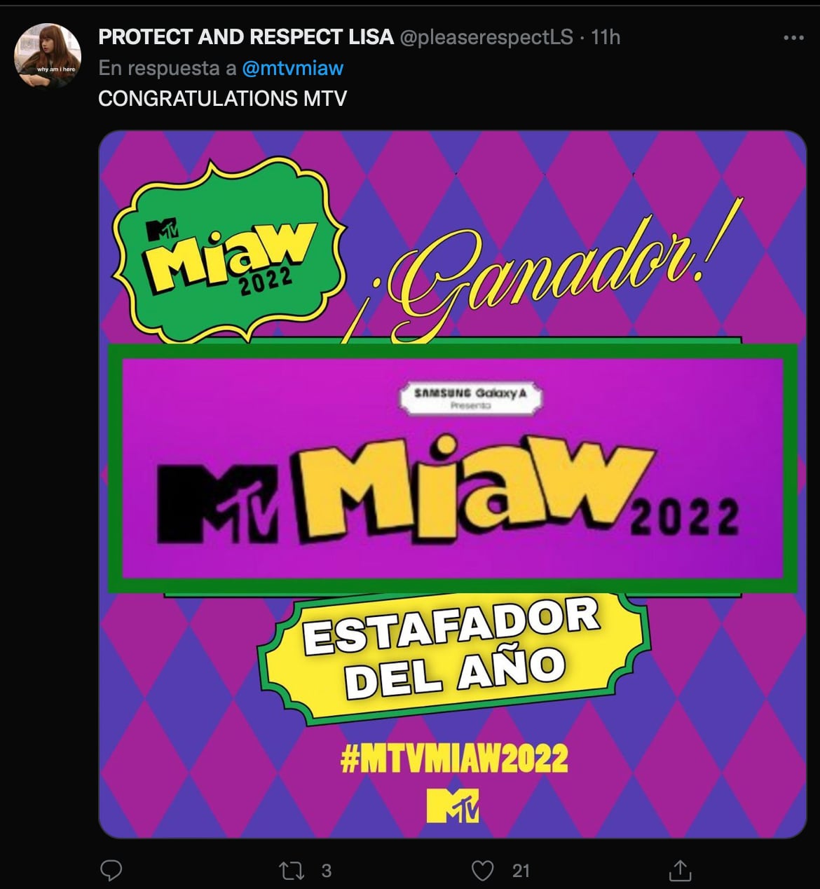 MTV Miaw 2022: Fans de Lisa de Blackpink acusan f
MTV Miaw 2022: Fans de Lisa de Blackpink acusan fraude a favor de Kenia Os
