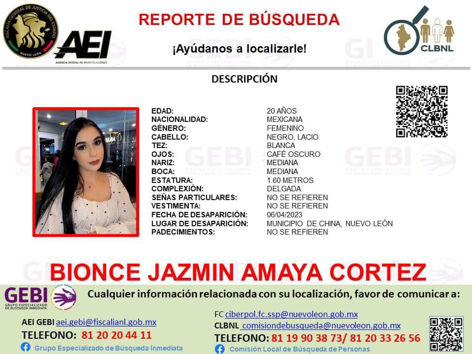 Ficha de búsqueda para Bionce Amaya Cortez, joven de Texas que desapareció en Nuevo León