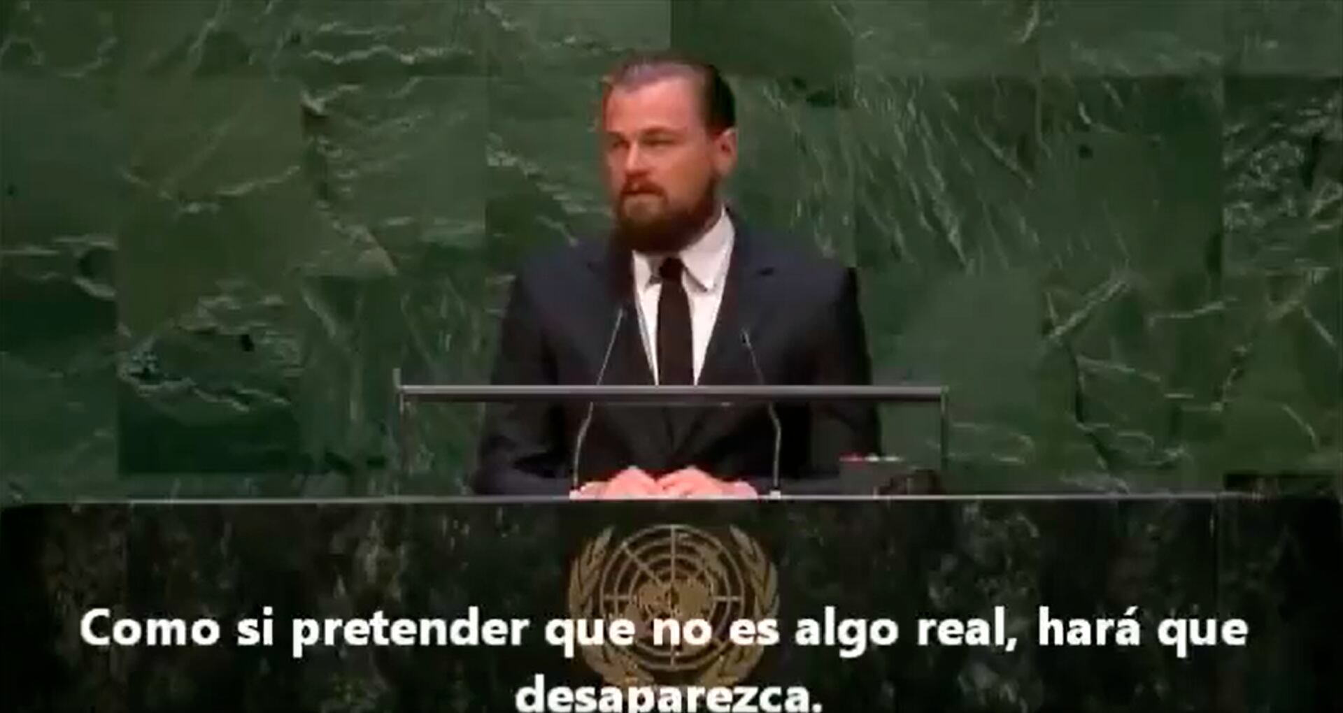 Captura de Video del discurso de Leonardo DiCaprio ante la asamblea de la ONU acerca del Cambio climático en 2015