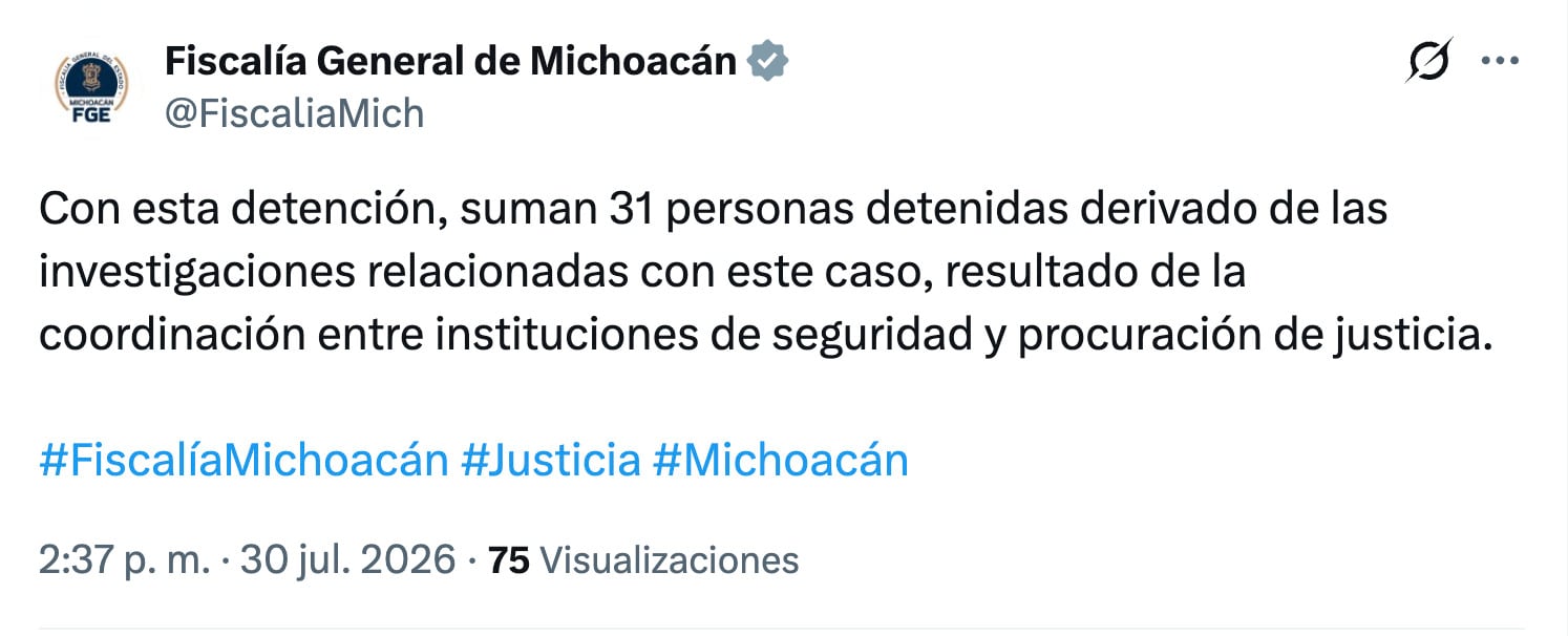 Fiscalía de Michoacán contabiliza 31 detenidos por caso Carlos Manzo