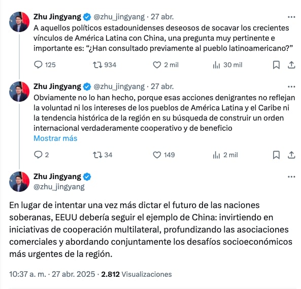 Embajador de China en Estados Unidos se lanza contra Estados Unidos