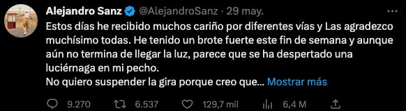 Alejandro Sanz agradece el apoyo que ha recibido tras decir que está triste