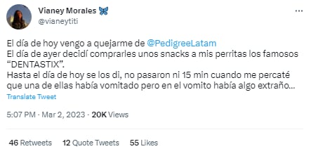 Tuit denunciando el Dentastix de Pedigree por tener pedazos de plástico