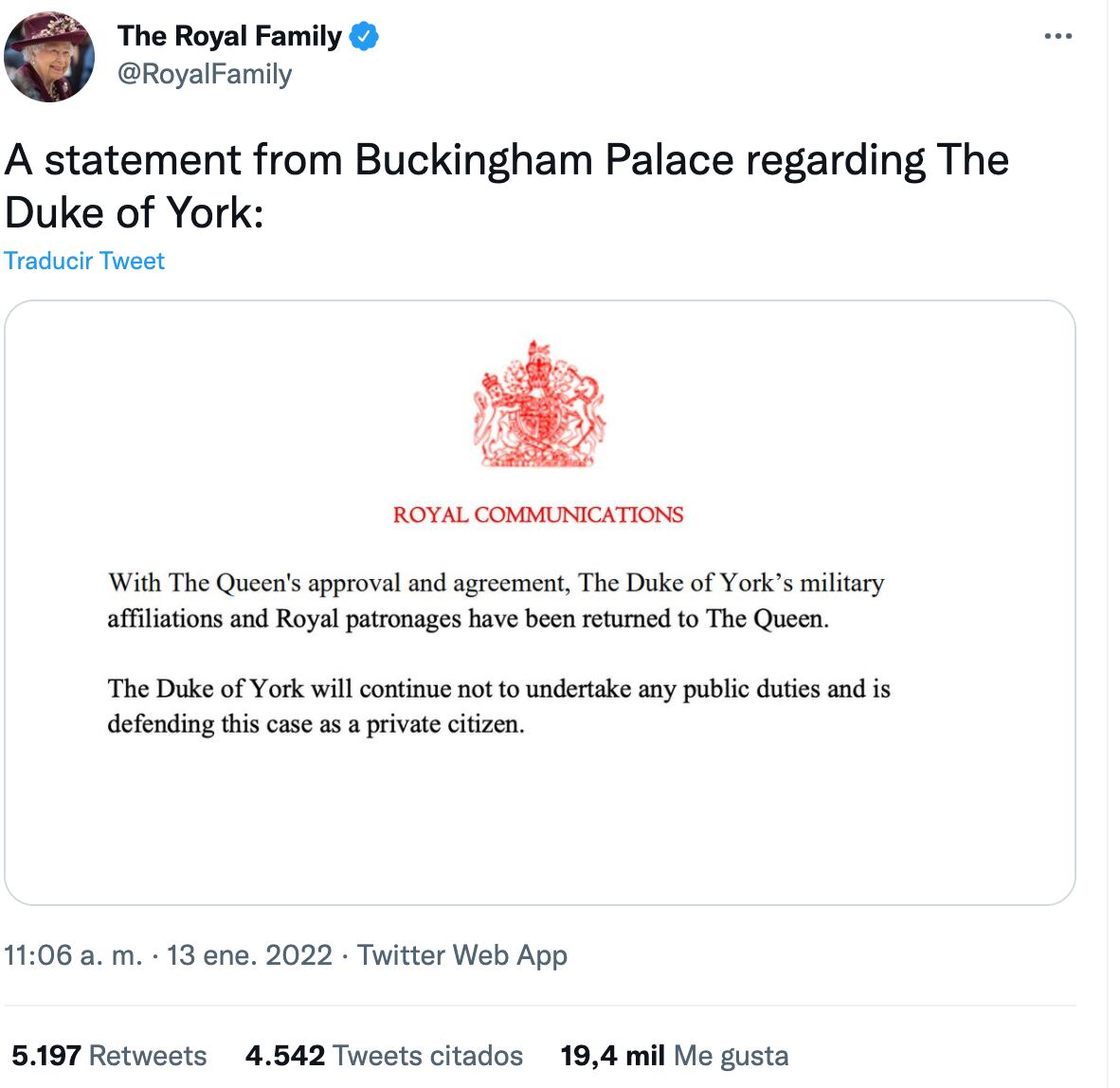 Comunicado del Palacio de Buckingham