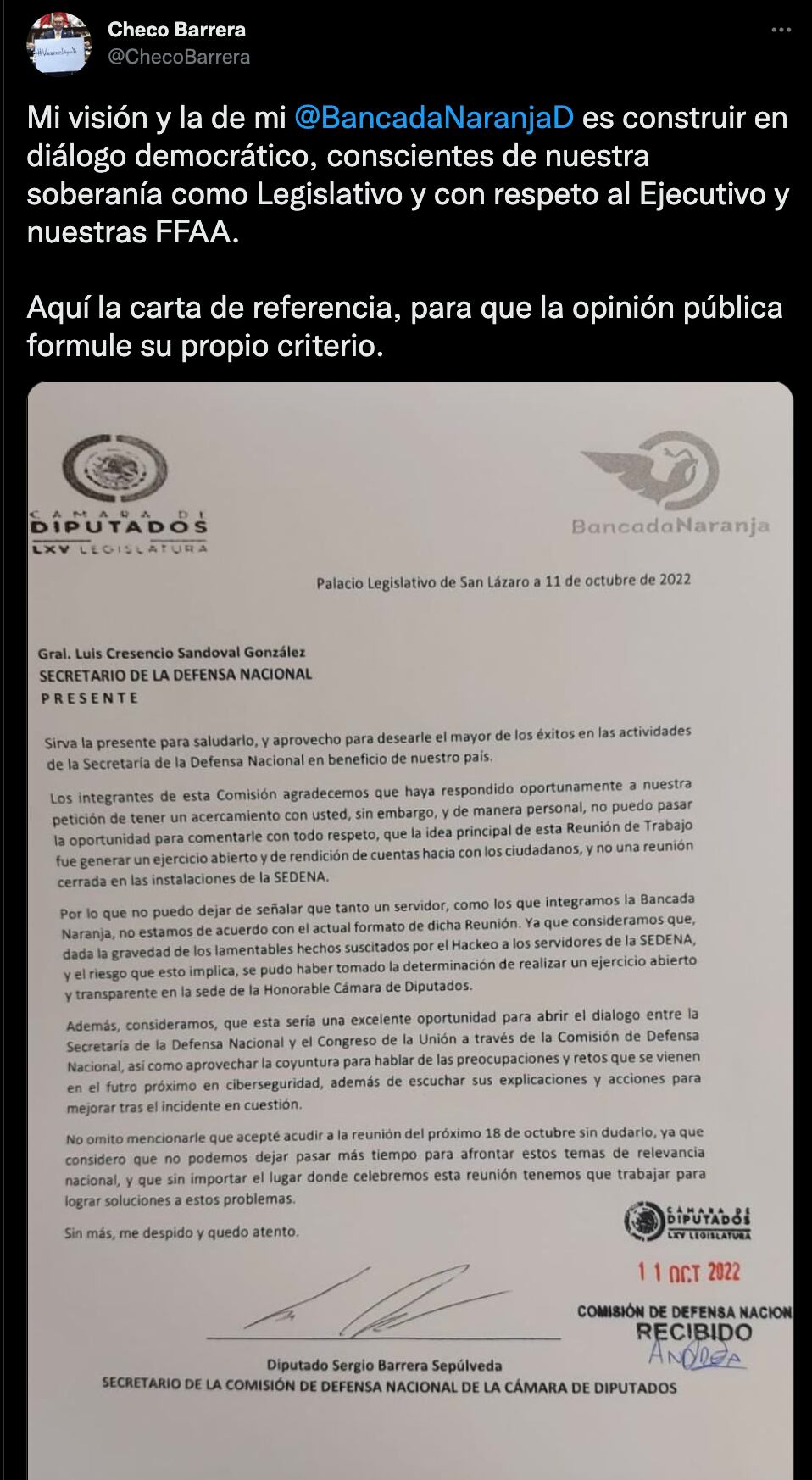 Luis Cresencio Sandoval canceló reunión de Sedena con diputados porque le mandaron una carta "muy irrespetuosa”