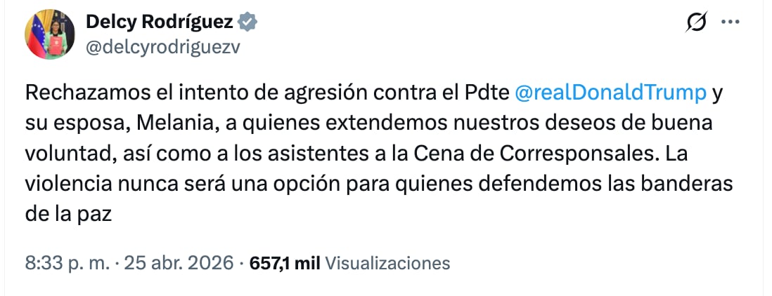 Delcy Rodríguez manda mensaje a Donald Trump tras el atentado contra él y su esposa