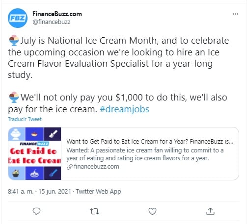 La empresa FinanceBuzz lanzó una convocatoria para su marca de helados