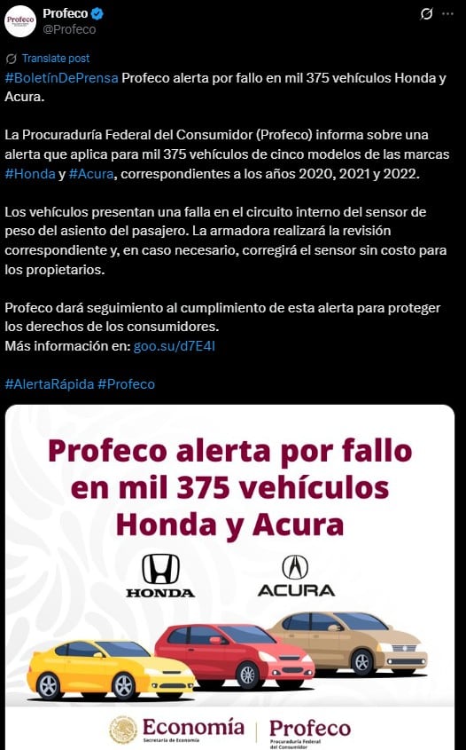Profeco llama a revisión a mil 375 autos Honda y Acura