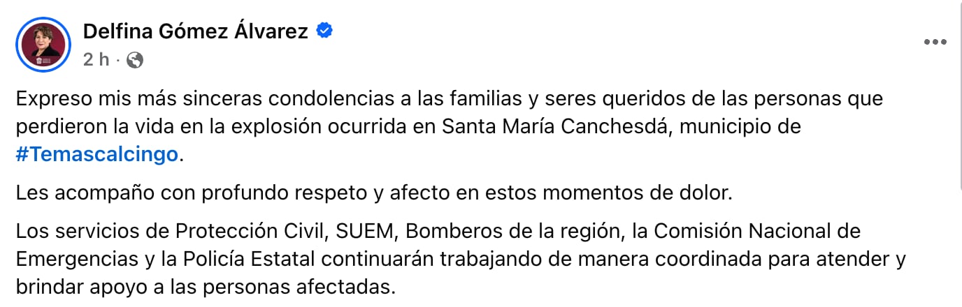 Delfina Gómez envía condolencias a familias de víctimas de explosión en Temascalcingo