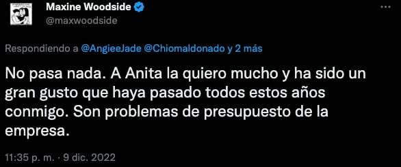 Maxine Woodside dice que hay problemas de dinero en su programa