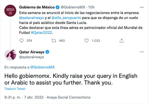 Tuits de respuesta de la cuenta de Qatar Airways/Twitter