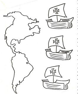 Dibujo de La niña, La Pinta y La Santa María con el continente americano