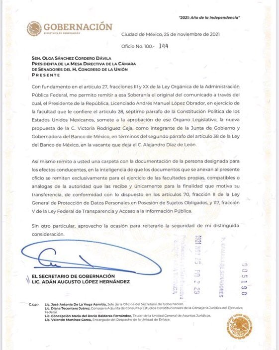 Senado recibe nominación de Victoria Rodríguez Ceja como gobernadora del Banxico