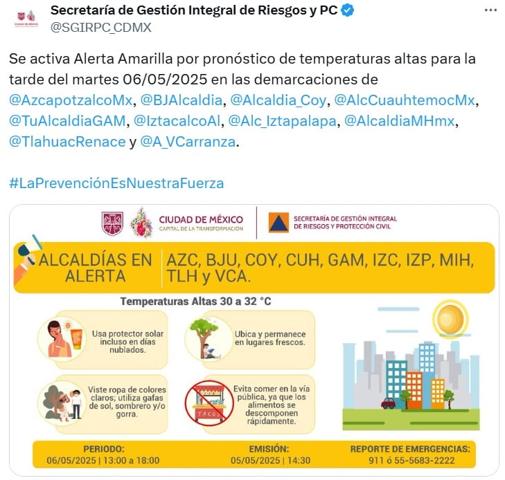 Activan alerta amarilla por Ola de calor en CDMX del 6 al 8 de mayo 2025
