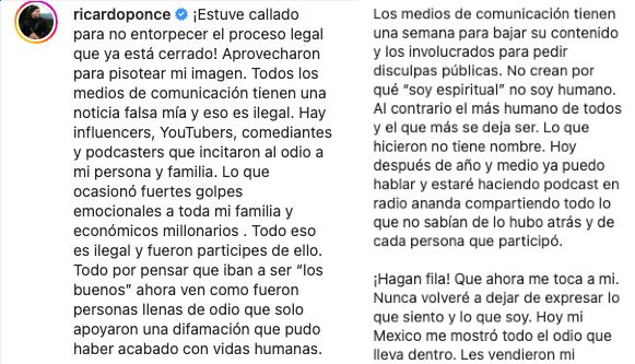 Ricardo Ponce asegura que ganó las demandas en su contra por abuso