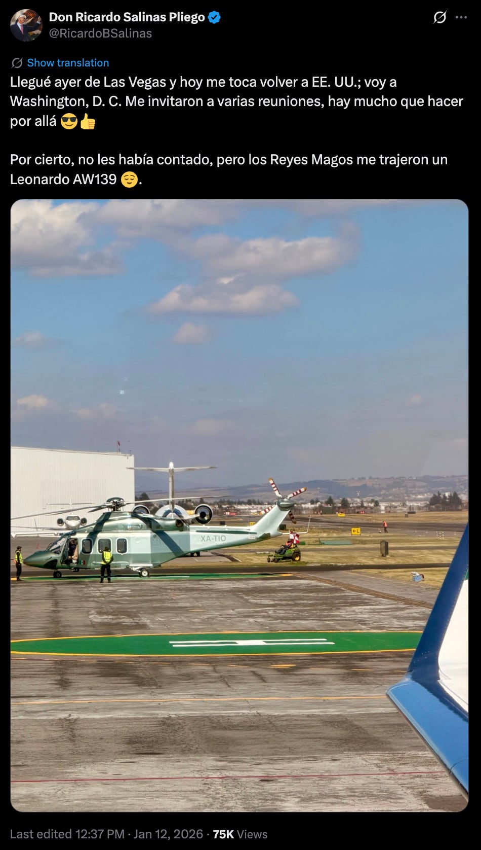 Ricardo Salinas Pliego presume nuevo helicóptero Leonardo AW139