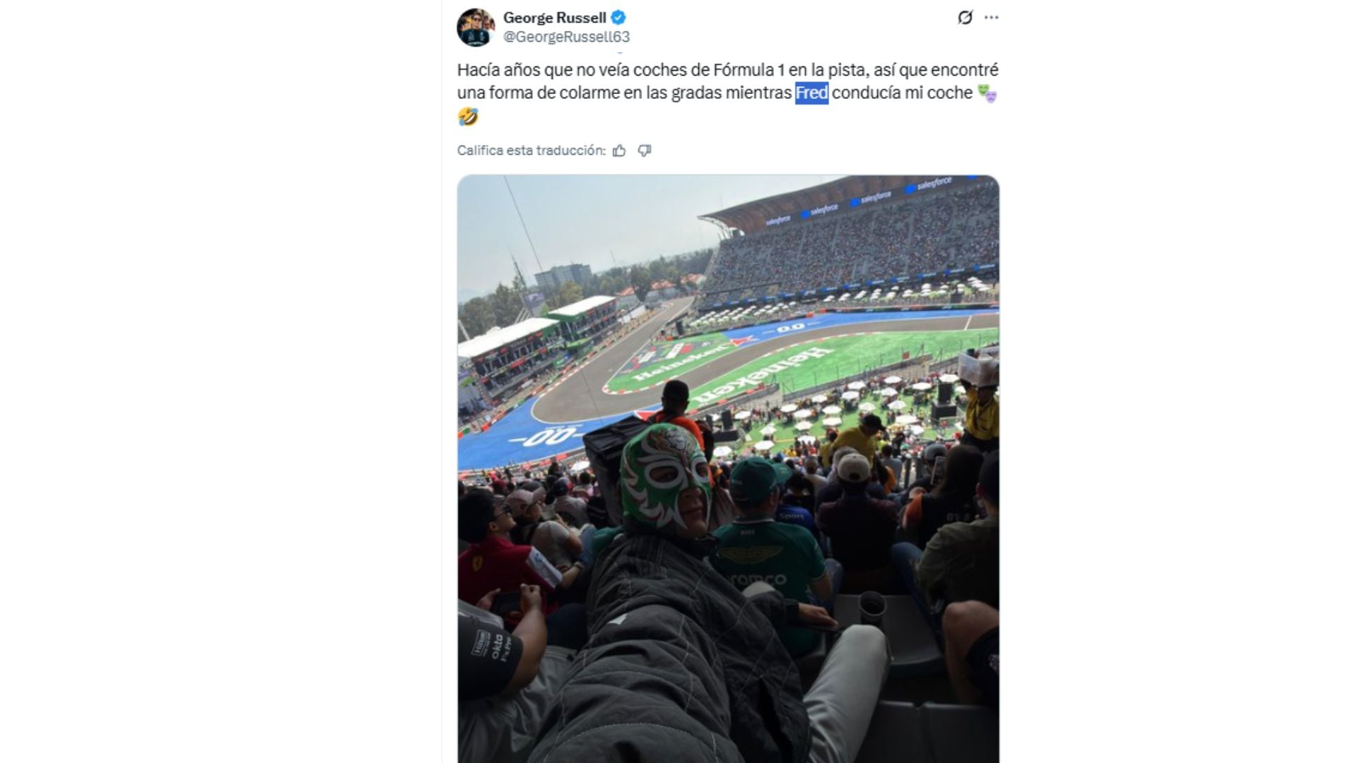 George Russell, piloto de la Fórmula 1, vio el GP de México desde las gradas.