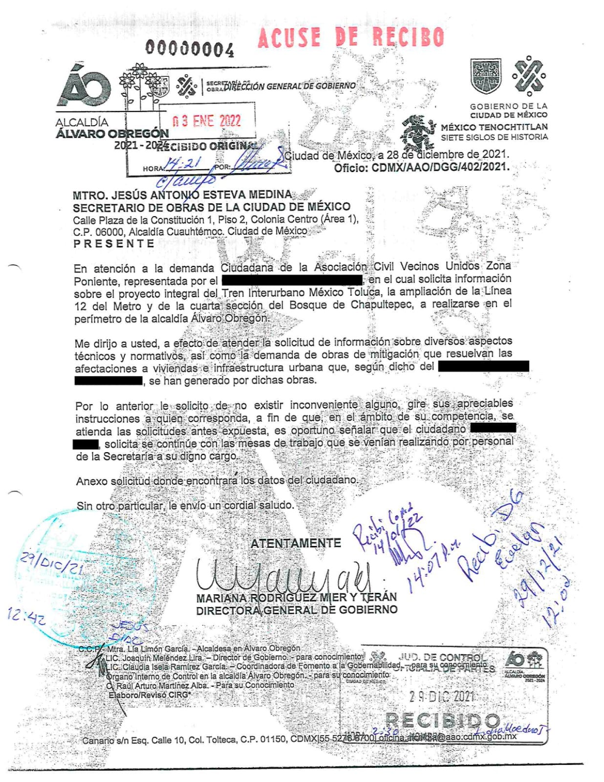 Oficios enviados por Lía Limón a la Secretaria de Obras y Servicios