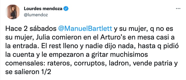 Lourdes Mendoza afirma que insultaron a Manuel Bartlett y Julia Abdala