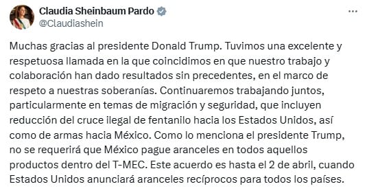Claudia Sheinbaum celebra llamada “respetuosa y excelente” con Donald Trump tras pausa en aranceles a productos de México en el T-MEC