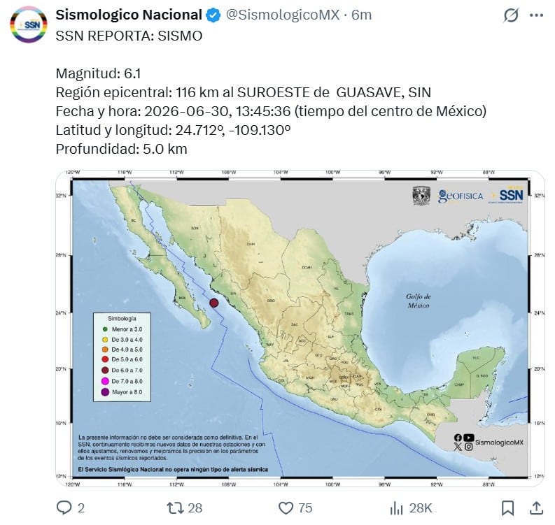 Sismo hoy: temblor de magnitud 6.1 sacude Guasave, Sinaloa