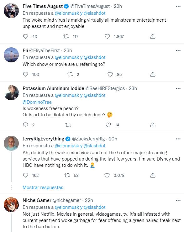 Comentarios al tuit de Elon Musk donde habla de la "cultura woke" y Netflix