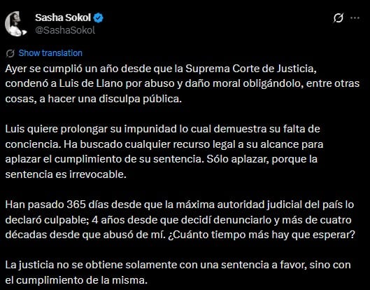 Sasha Sokol acusa a Luis de Llano de retrasar por un año la disculpa pública ordenada por la SCJN