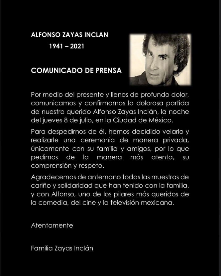Comunicado de la familia de Alfonso Zayas