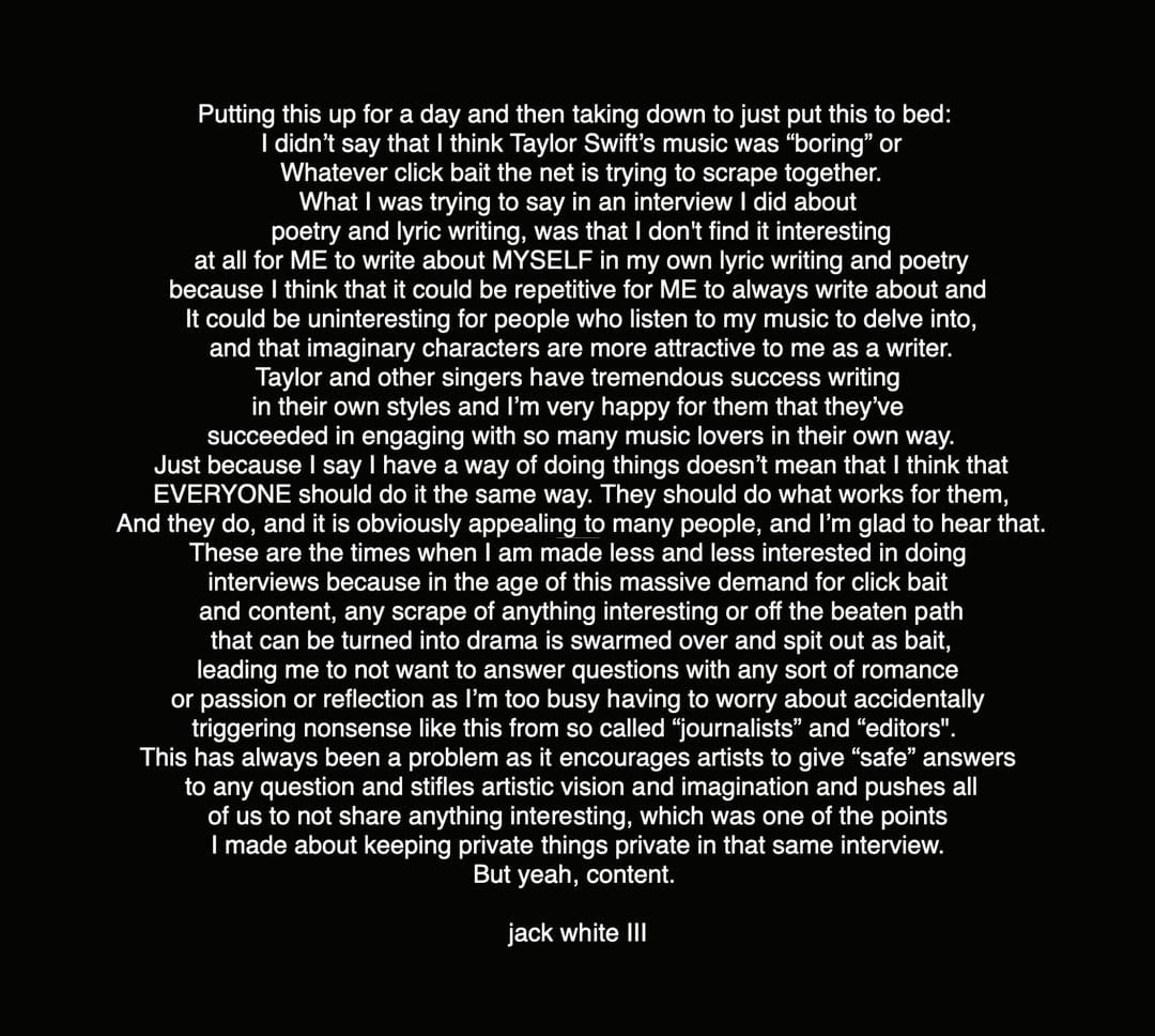 Jack White publica comunicado sobre la polémica con Taylor Swift
