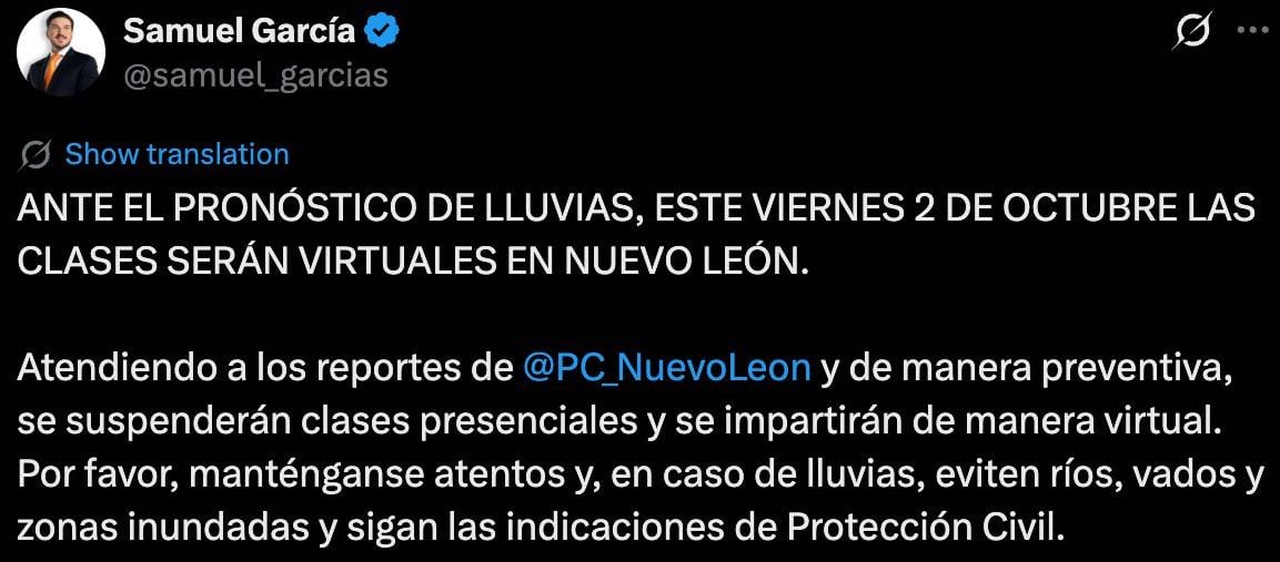 Nuevo León tendrá clases en línea este viernes 2 de octubre por lluvias