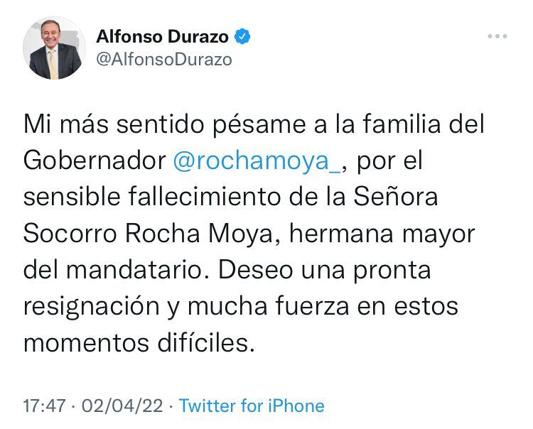 Alfonso Durazo lamenta muerte de Socorro