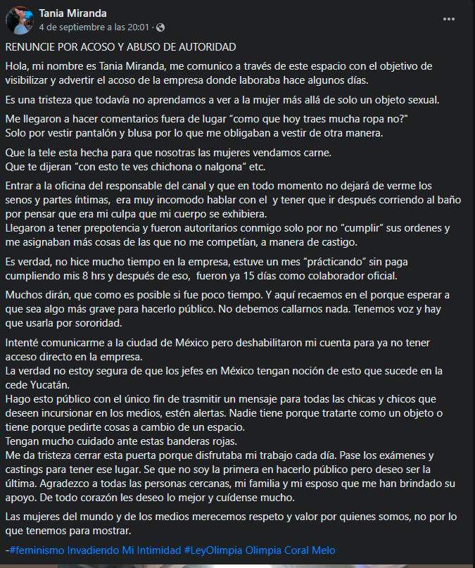 Tania Miranda abandonó el sueño de estar en TV por acoso en televisora de Yucatán/facebook