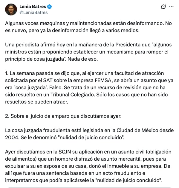 Lenia Batres explica acción de nulidad de juicio concluido