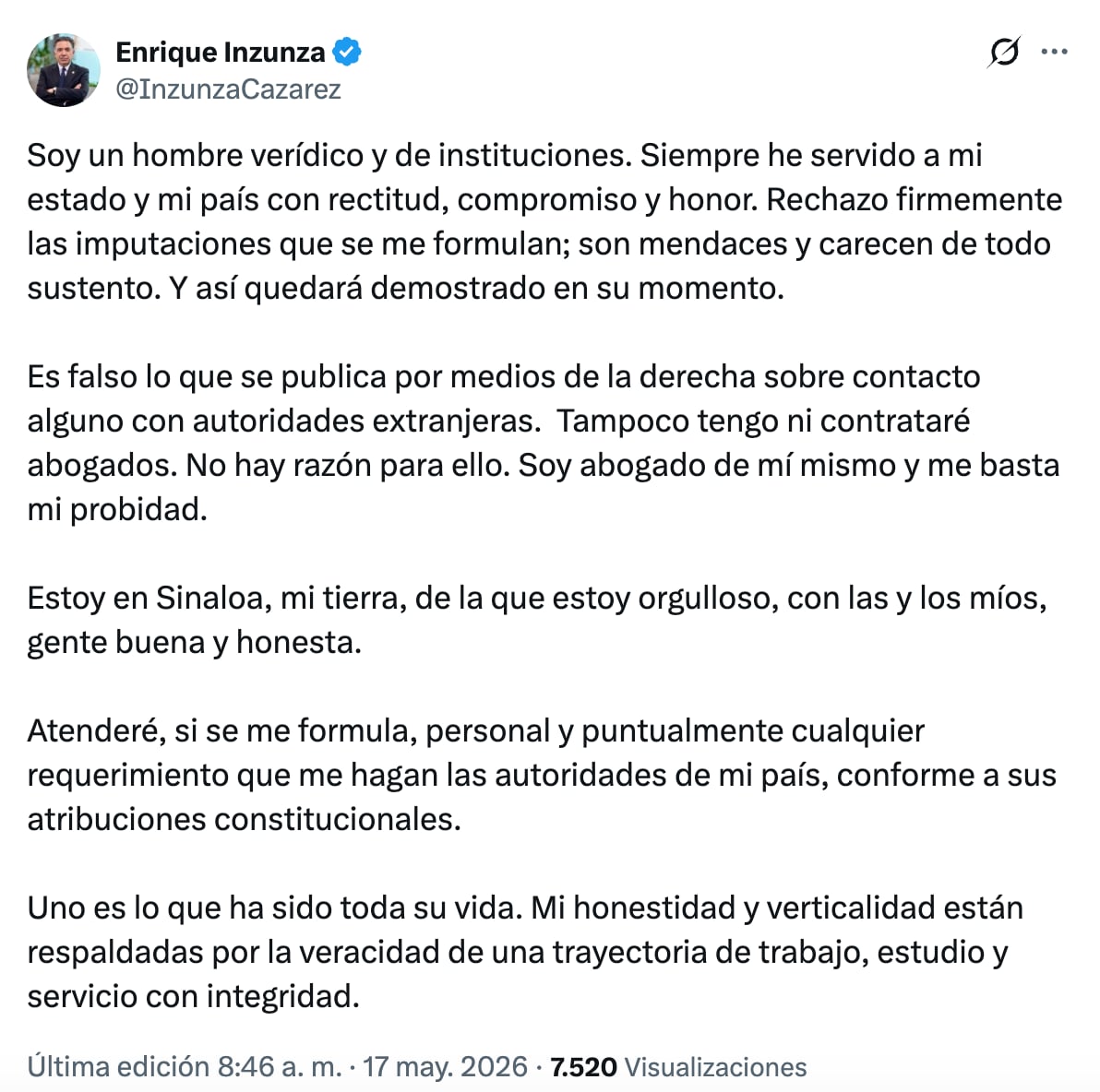 Enrique Inzunza sigue en Sinaloa y niega contacto con Estados Unidos