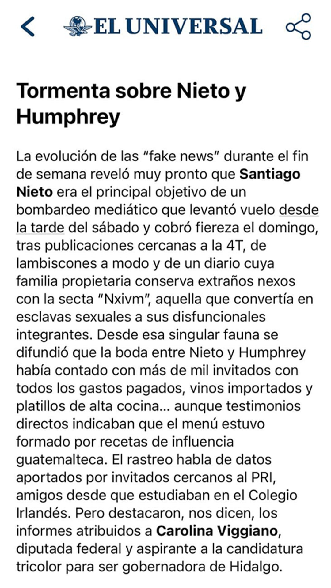 Captura de pantalla de artículo de El Universal