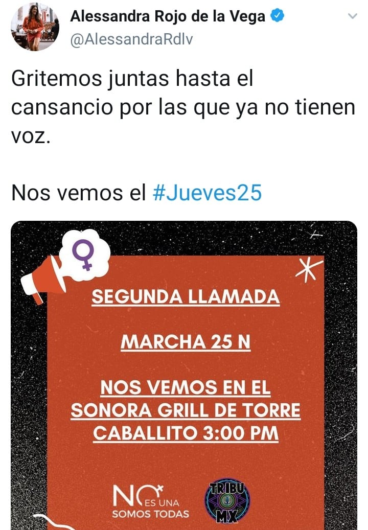 Alessandra Rojo de la Vega convocó a protestas por el 25N