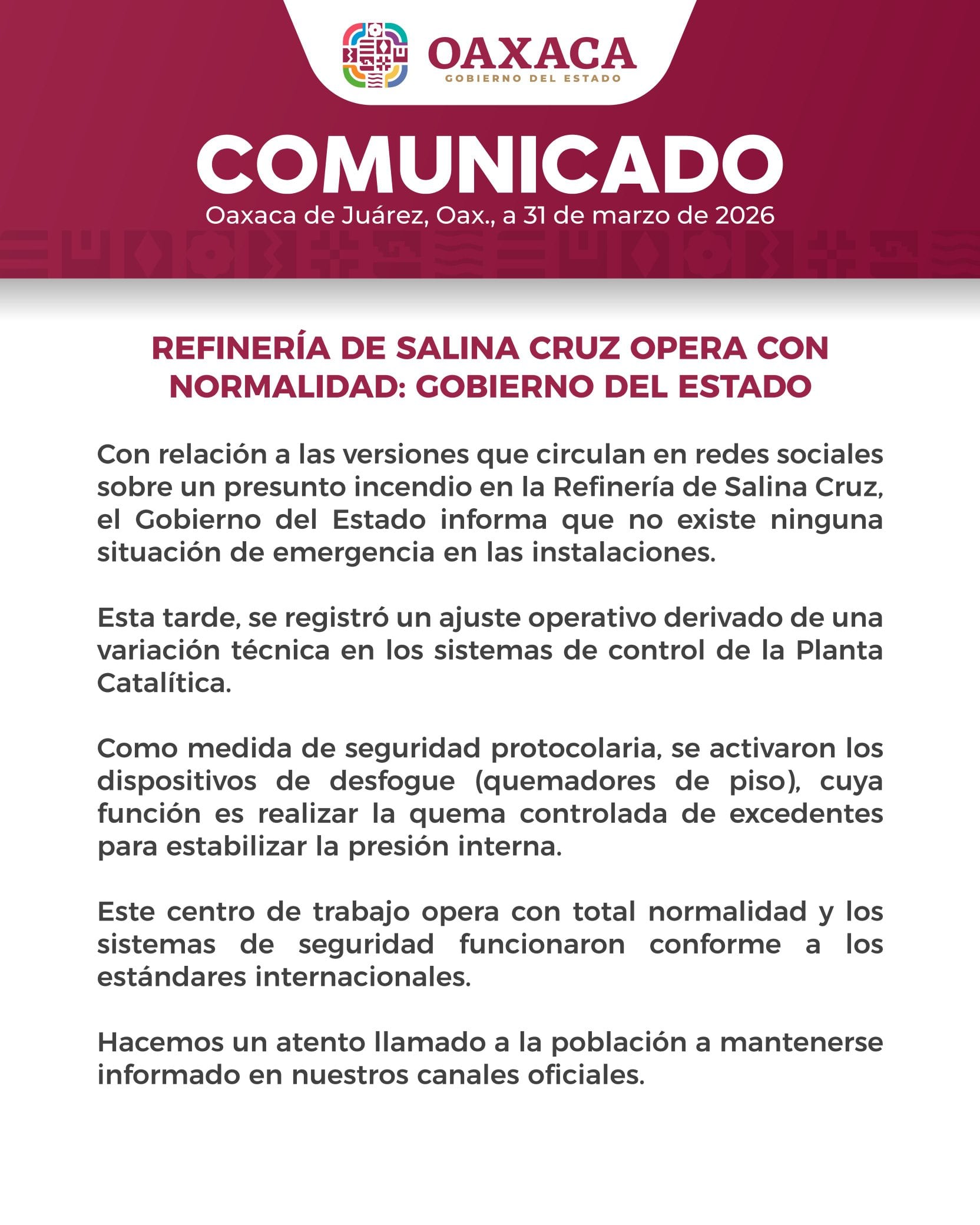 Gobierno de Oaxaca sobre incendio en refinería de Salina Cruz